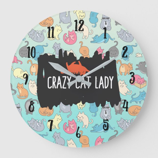 Crazy Cat Lady Playful Cat Pattern Große Wanduhr (Vorderseite)