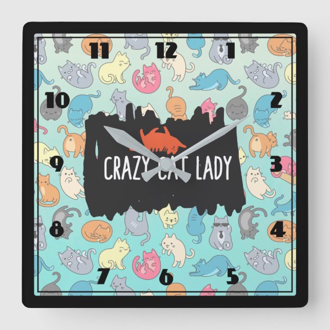 Crazy Cat Lady Playful Cat Pattern Quadratische Wanduhr (Vorderseite)