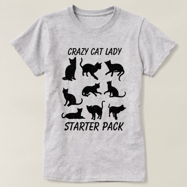 "Crazy Cat Lady Starter Pack" mit drei Katzen T-Shirt (Design vorne)