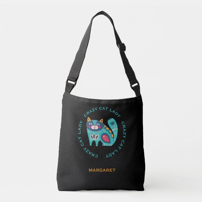 Crazy Cat Lady, stylisierte Cat Illustration Tragetaschen Mit Langen Trägern (Vorderseite)