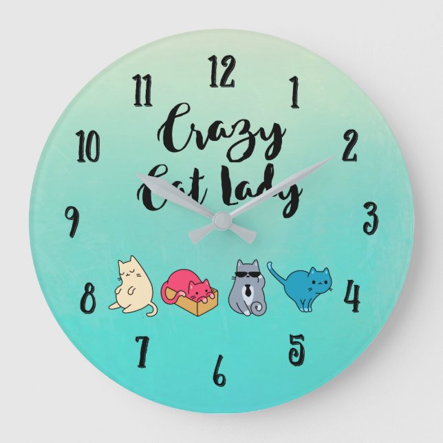 Crazy Cat Lady und 4 Niedliche Katzen Große Wanduhr (Vorderseite)
