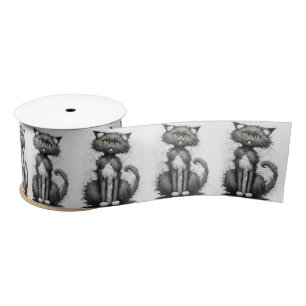 Crazy Cat On White Satinband