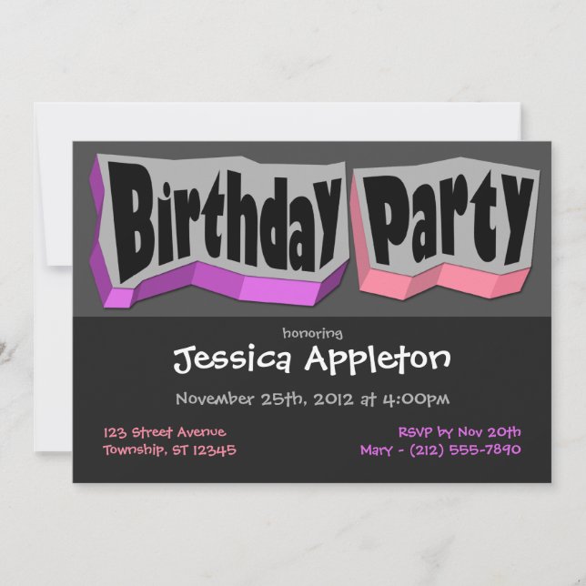 Crazy Cool Lila & rosa Geburtstagsparty Einladung (Vorderseite)