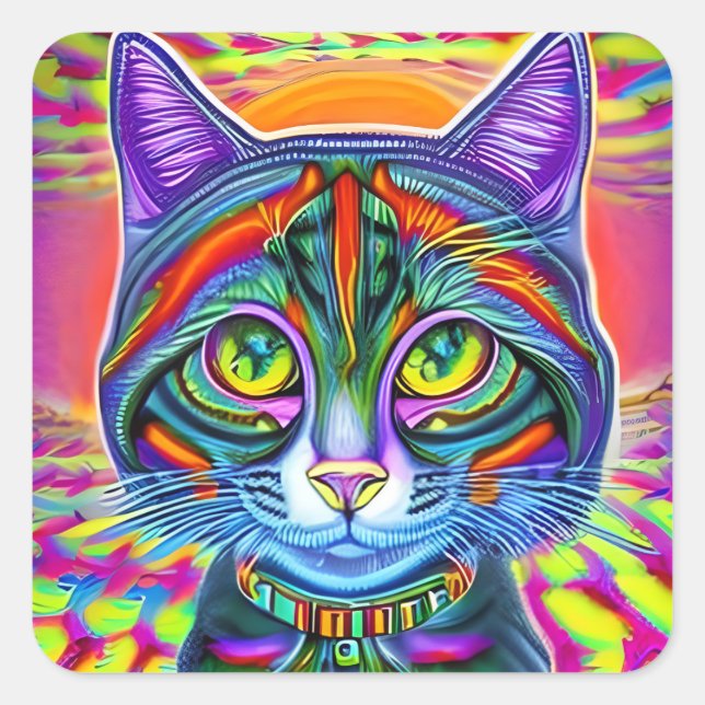 Crazy Coole Mit Augen mystische farbige Katze Quadratischer Aufkleber (Vorderseite)