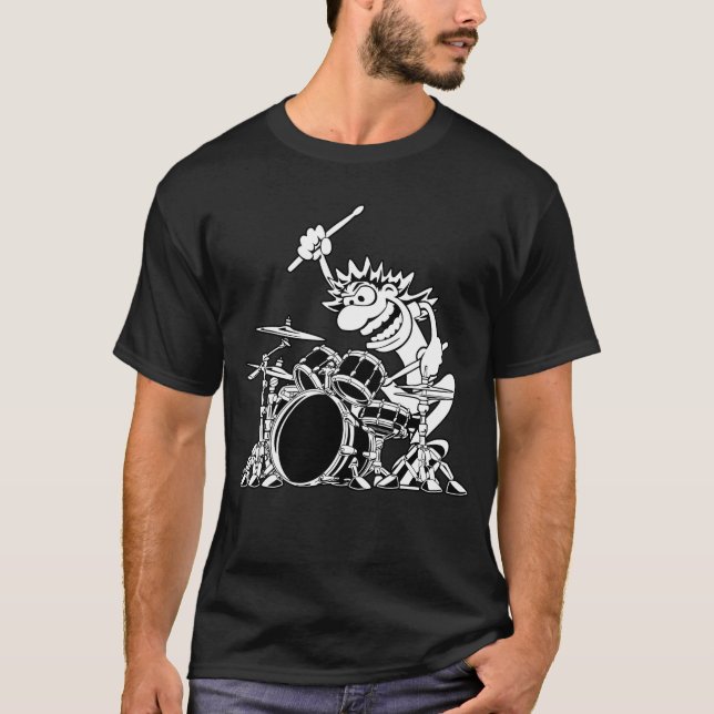 Crazy Drummer Cartoon Illustration T-Shirt (Vorderseite)