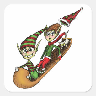 Crazy Elf Sled Ride Quadratischer Aufkleber