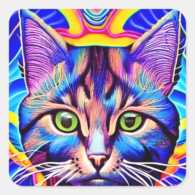 Crazy Eyes Künstlerisch Cat Quadratischer Aufkleber (Vorderseite)