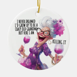 CRAZY FUNNY OLD LADY MIT WEIN KERAMIK ORNAMENT