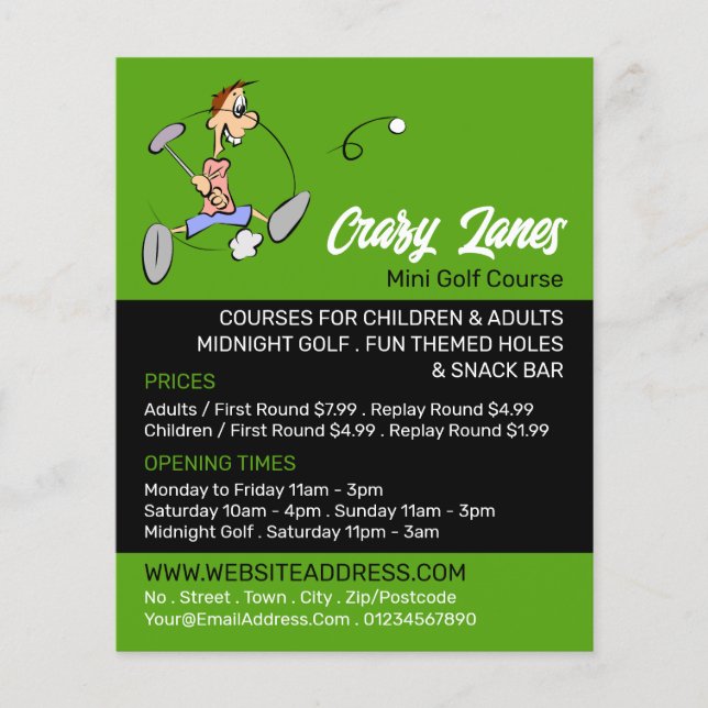 Crazy Golfer, Mini Golfplatz Werbung Flyer (Vorne)