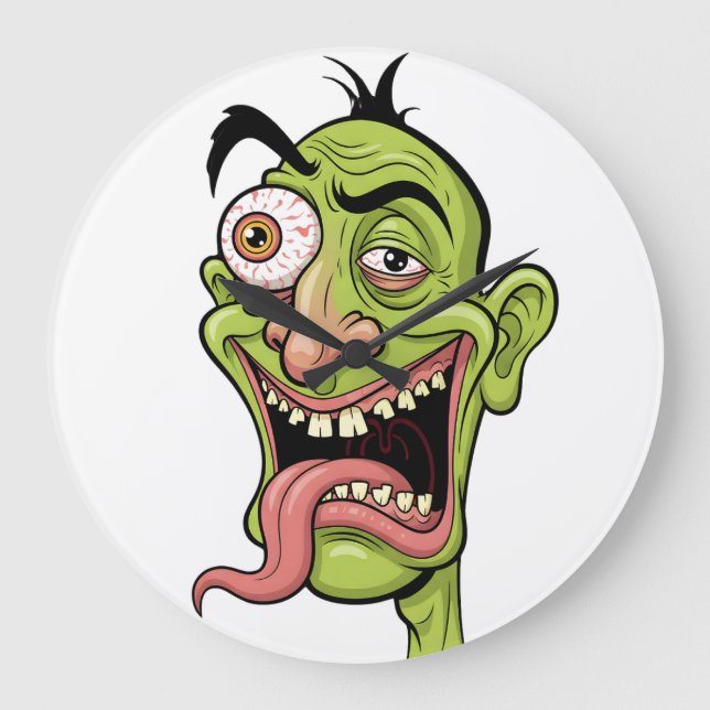 Crazy Green Zombie Cartoon Wall Clock - Funny Mon Große Wanduhr (Vorderseite)