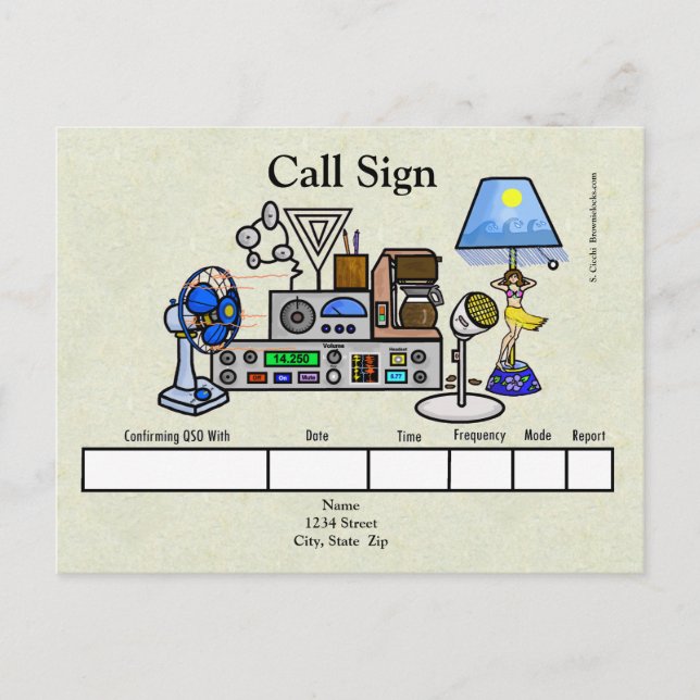 Crazy Ham Radio Rig mit Hula Girl Lamp QSL Card Postkarte (Vorderseite)