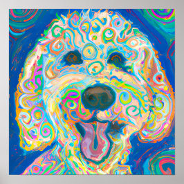 Crazy Happy Goldendoodle Dog Art Portrait Poster