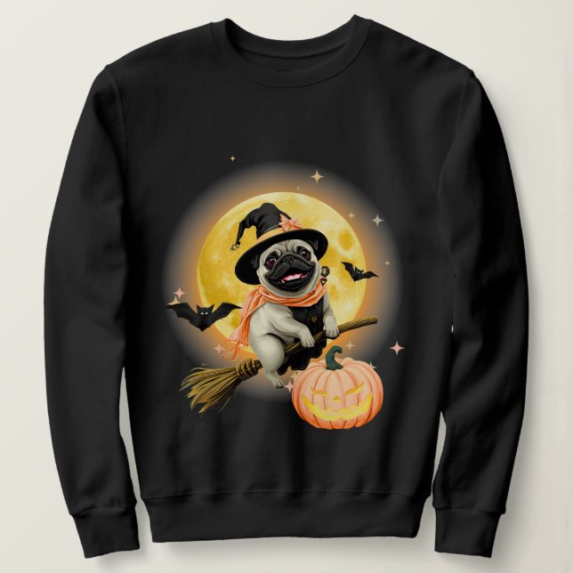 Crazy Happy Halloween Mops Reiten ein fliegendes Z Sweatshirt (Design vorne)