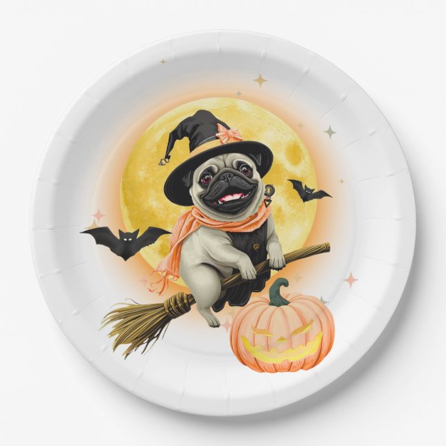 Crazy Happy Halloween Mops Reiten eines fliegenden Pappteller (Vorderseite)