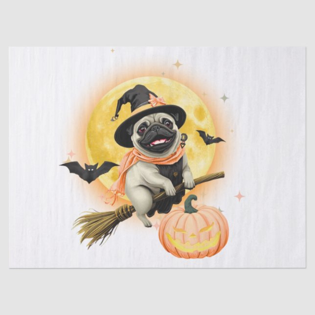 Crazy Happy Halloween Mops Reiten eines fliegenden Seidenpapier (Vorderseite)