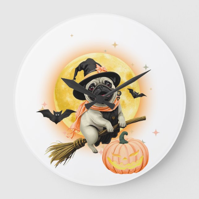 Crazy Happy Halloween Mops Reiten in einem fliegen Große Wanduhr (Vorderseite)