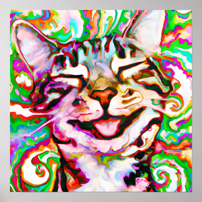 Crazy Happy Tabby Cat Kunstvoll wandern Poster (Vorne)