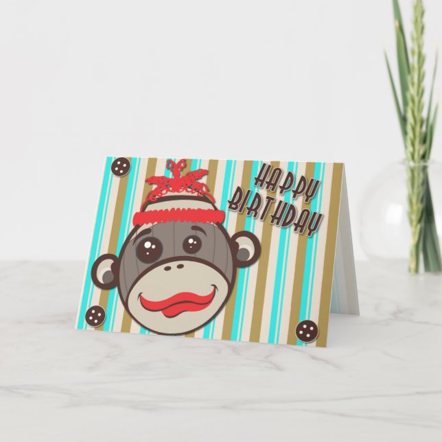 Crazy Hat Happy Birthday Sock Monkey Card Karte (Vorderseite)