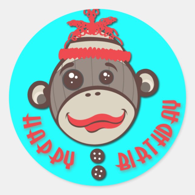 Crazy hat Sock Monkey Happy Birthday Stickers (Vorderseite)