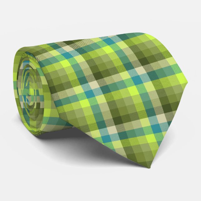 Crazy Karo Kariert Olive Green und Aquamarin zweis Krawatte (Gerollt)