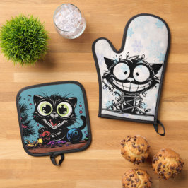 Crazy Kitty Christmas Ofenhandschuh & Topflappen-Set