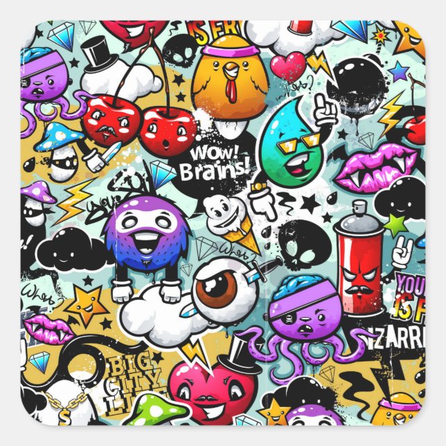 Crazy Obstbäume und Gemüse Graffiti Art Quadratischer Aufkleber (Vorderseite)