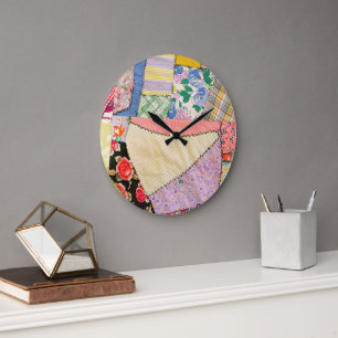 Crazy Patchwork Quilt mit Zigzag Stitching Große Wanduhr