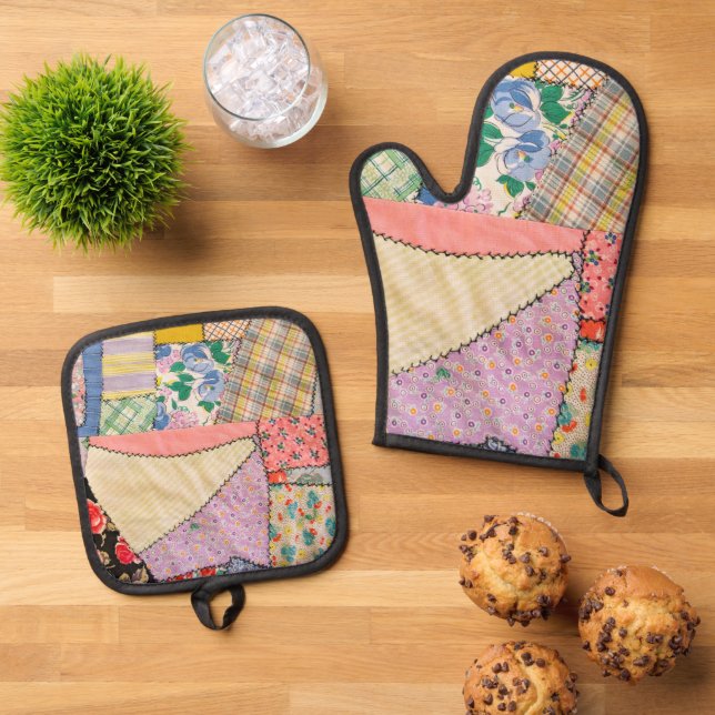 Crazy Patchwork Quilt mit Zigzag Stitching Ofenhandschuh & Topflappen-Set (Oben Unten)