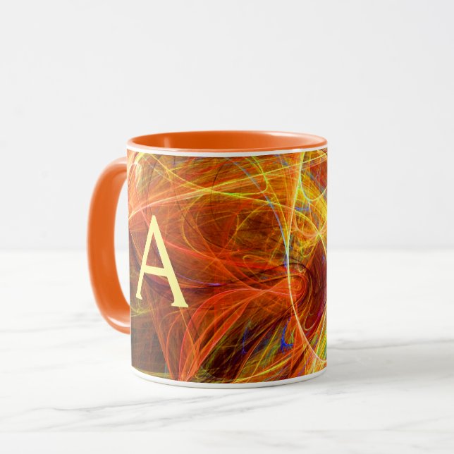 CRAZY PHOTON Orange Yellow Fraktal Wirbel Monogram Tasse (Vorderseite Links)