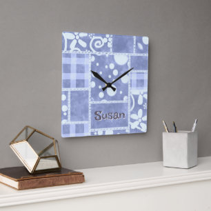 Crazy Quilt Blau kariert Blumenmuster personalisie Quadratische Wanduhr