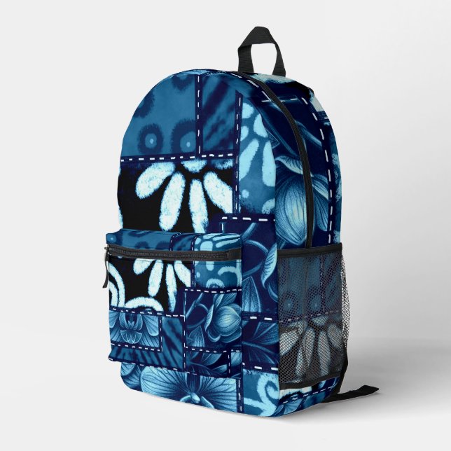 Crazy Quilt Blue Floral Gingham Pattern Abstract Bedruckter Rucksack (Rückseitige Ecke Rechts)