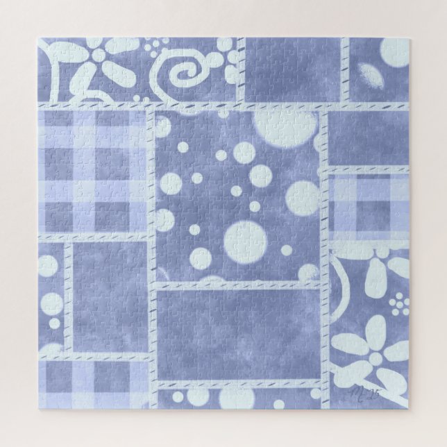 Crazy Quilt Blue Gingham Floral Pattern  (Vertikal)