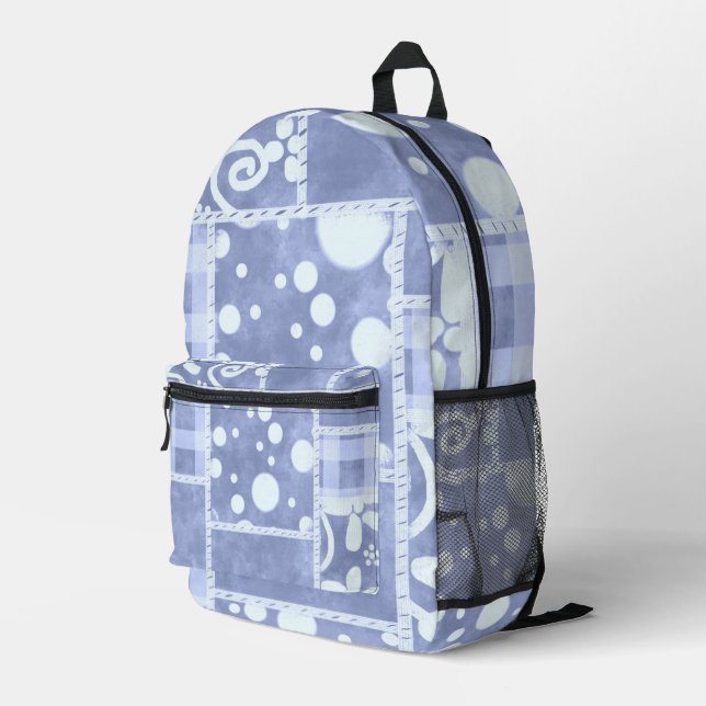 Crazy Quilt Blue Gingham Floral Pattern  Bedruckter Rucksack (Rückseitige Ecke Rechts)