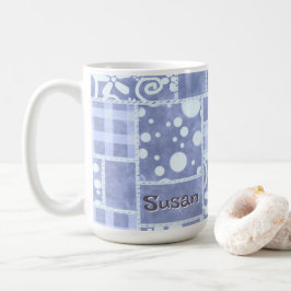 Crazy Quilt Blue Gingham Floral Personalized Kaffeetasse