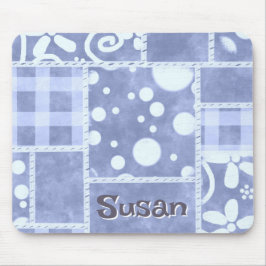 Crazy Quilt Blue Gingham Floral Personalized Mousepad