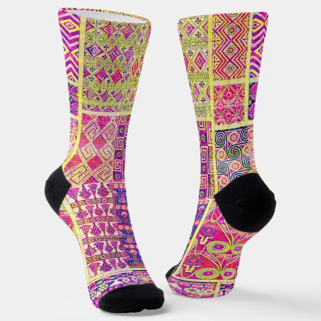 Crazy Quilt bunte Socken in rosa Tönen (Gewinkelt)