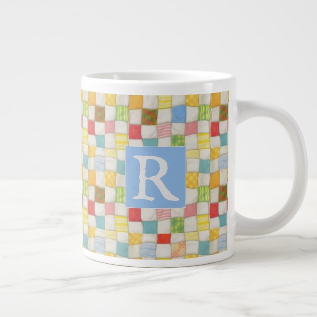 CRAZY QUILT Große Tasse + Text / Blau (Rechts)