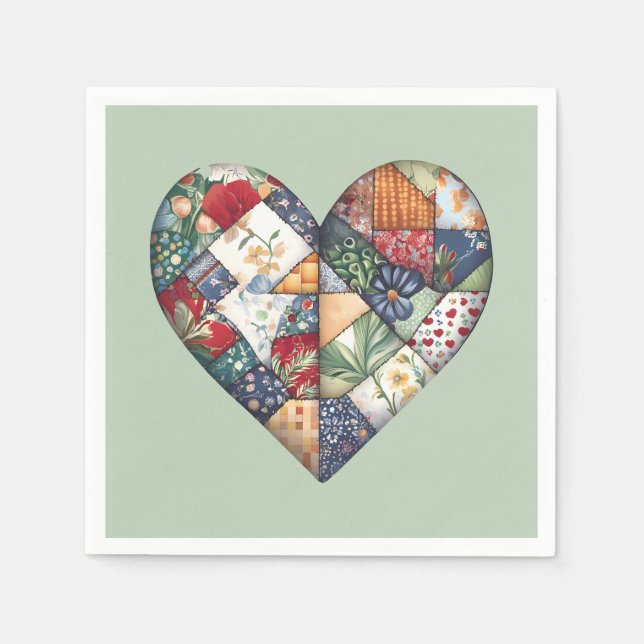 Crazy Quilt Heart on Sage Green Serviette (Vorderseite)