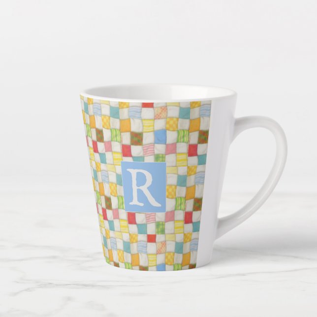 CRAZY QUILT Latte Tasse + Text / Blau (Rechts)