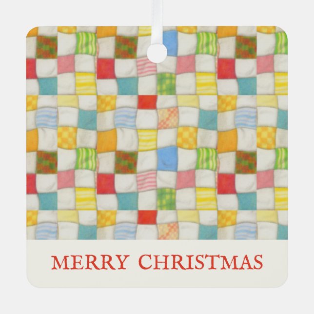CRAZY QUILT Metal Square Ornament + Text (Vorderseite)