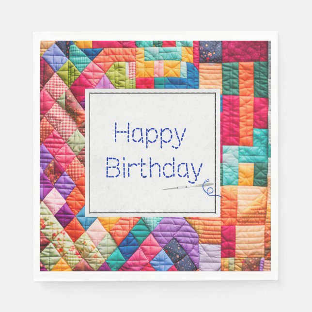 Crazy Quilt und Nadel zum Geburtstag Serviette (Vorderseite)