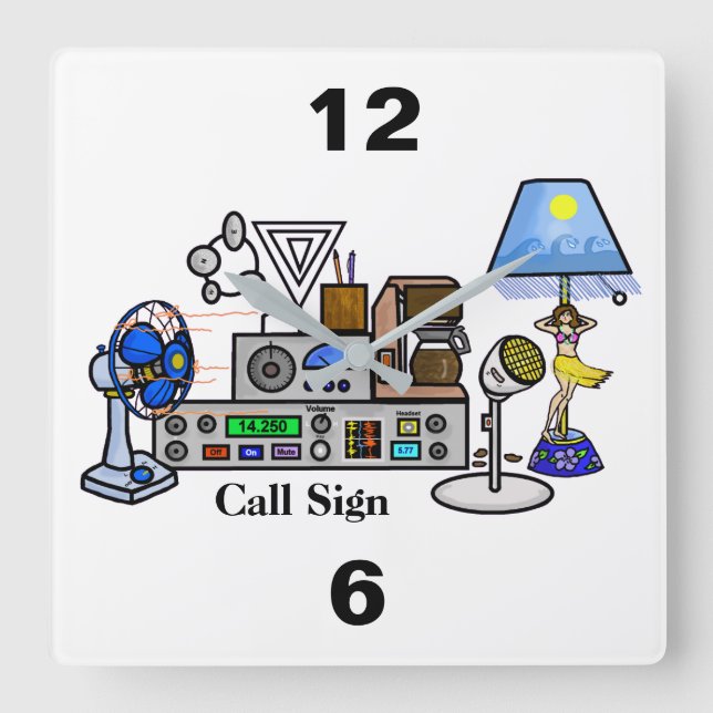 Crazy Radio Rig Wall Clock with Call Sign Quadratische Wanduhr (Vorderseite)