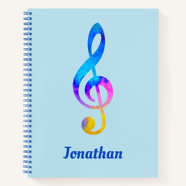 Crazy Rainbow Swirl Treble Clef und Name Notizbuch (Vorderseite)