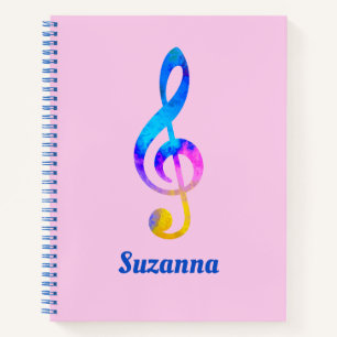 Crazy Rainbow Swirl Treble Clef und Name Pink Notizbuch