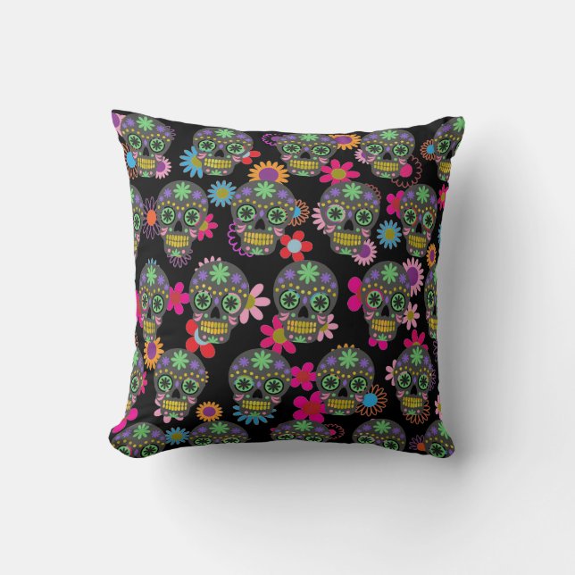 Crazy Sugar Skull und Blume Black Kissen (Vorderseite)