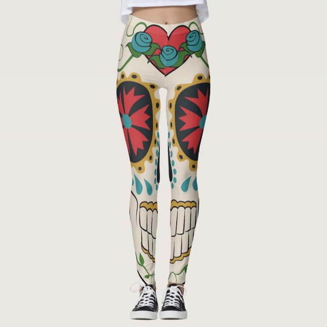 Crazy Sugar Skull Weiß, Rot und Türkis Legierung Leggings (Vorderseite)