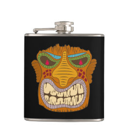 Crazy Tiki Head mit Flammen in den Augen, schwarz Flachmann