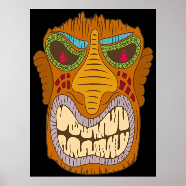 Crazy Tiki Head mit Flammen in den Augen, schwarz Poster (Vorne)