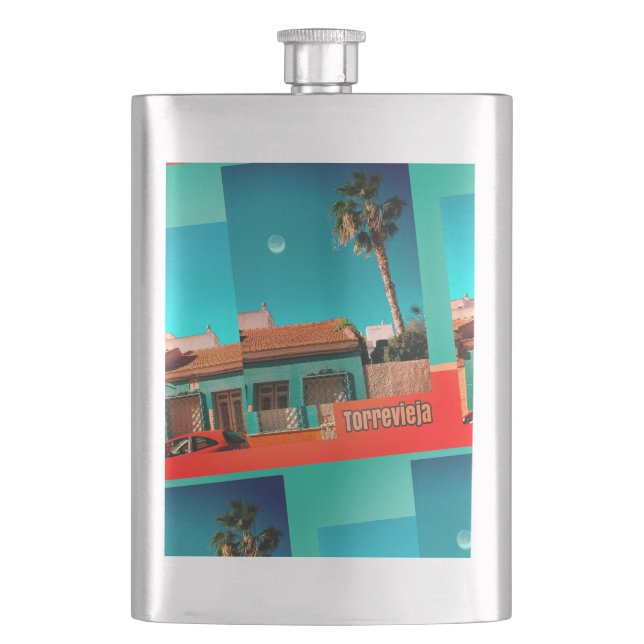 Crazy Torrevieja in Orange und Turqoise Flachmann (Vorderseite)
