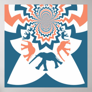 Crazy Walking Elephants Coral Zickzack Muster Poster